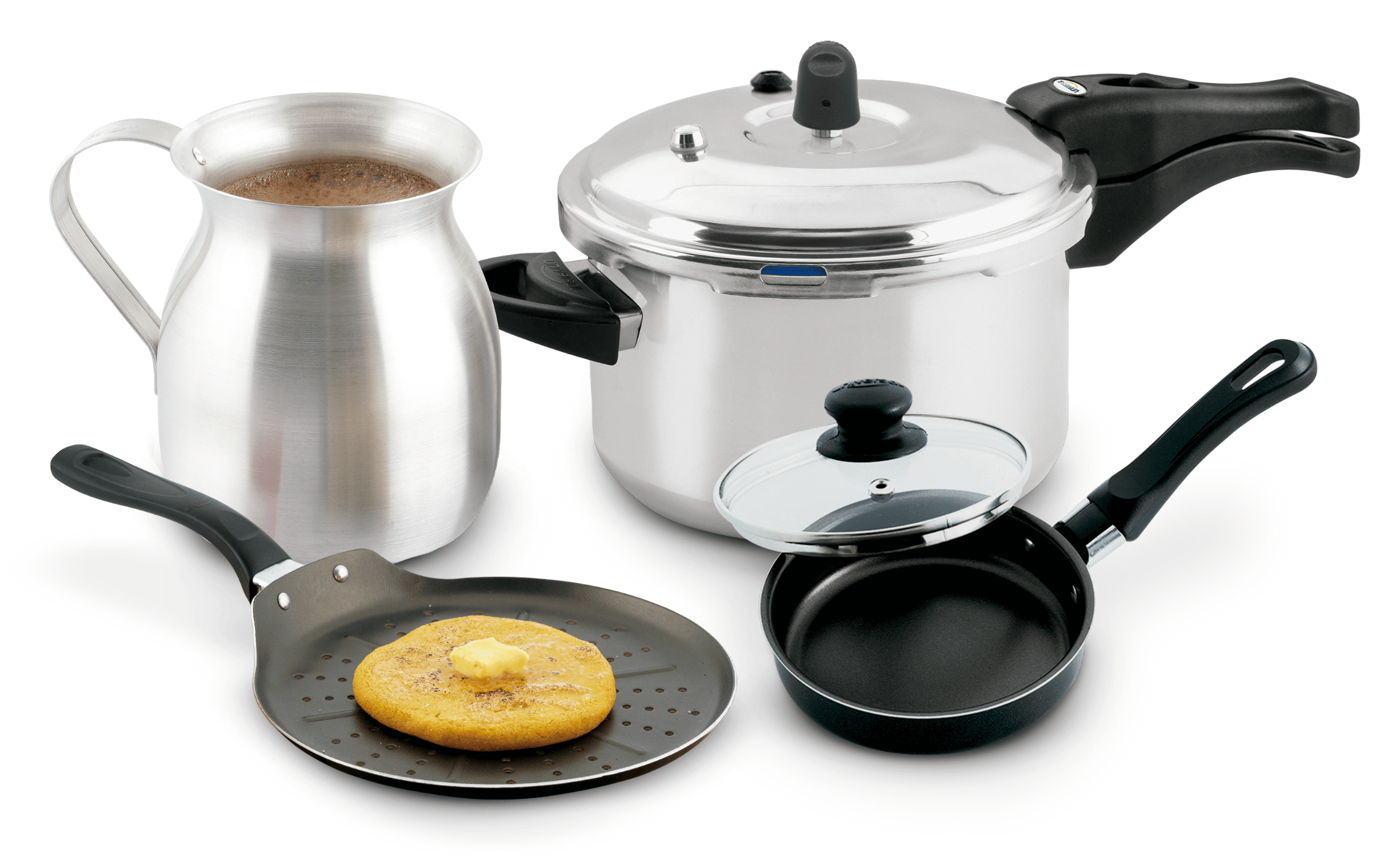 BATERIA COLOMBIA/Parrilla de arepas antiadherente aliada/Cacerola aliada + tapa de vidrio/Olla a presión Ultra 4 L/Chocolatera 2 L