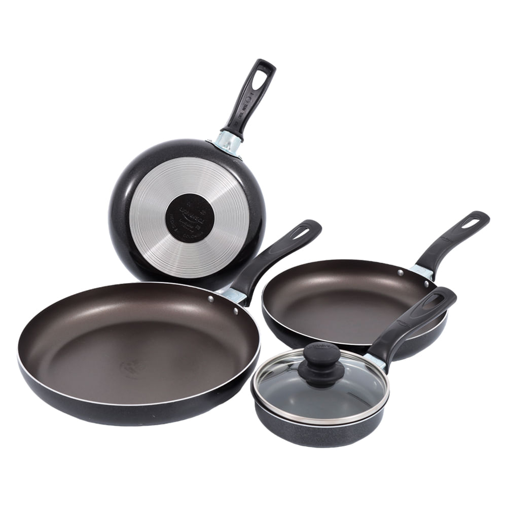 SET X 5 INFALTABLE: SARTEN DE 18 CM,20CM Y 24CM MAS CACEROLA CON MANGO DE 12 CM CON TAPA.