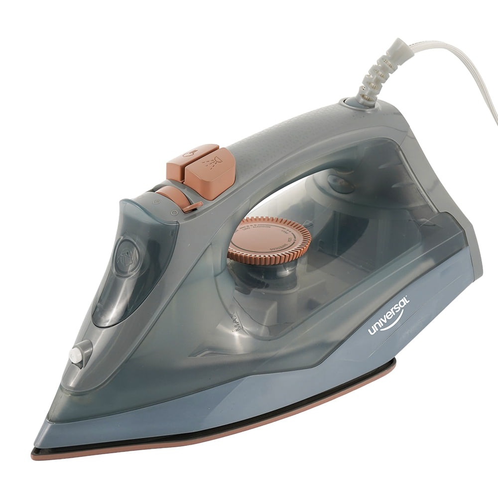 Plancha Artemisa Universal en elegante equilibrio de gris y oro rosa, vapor y seca, 5 funciones y suela antiadherente para un deslizamiento suave.